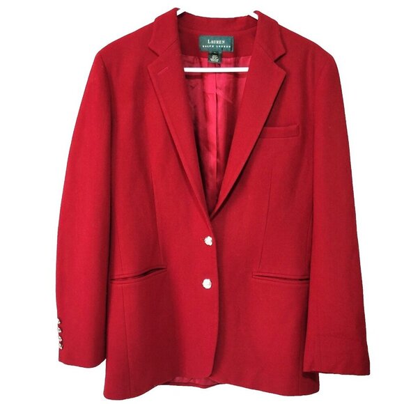 Lauren Ralph Lauren Blazer Jacket 8 Women 10 Silver Crest Buttons Red Wool Blend - Picture 3 of 5